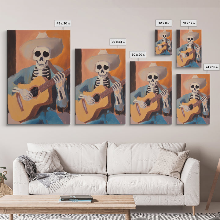 Canvas Print of a Sekelton Cowboy Guitar Player - Chicano Art - Wood Framed Canvas - Original Art