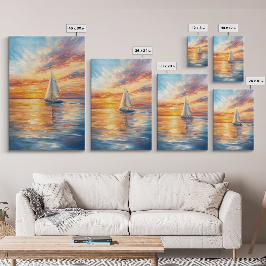 Oil Painting Print of a Sailboat At Sunset, Framed Canvas Print, Nautical Decor, Nautical Nursery, Nautical Wall Art, Beach House or Lakehouse Art