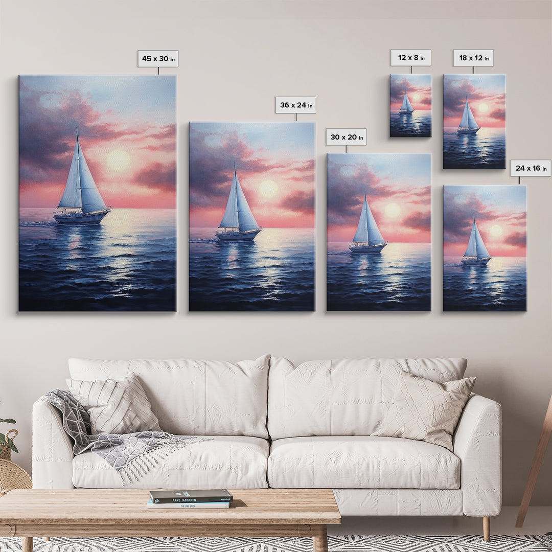 Vaporwave Sail Boat at Sunset, Framed Canvas Print, Retro Sail Boat Painting