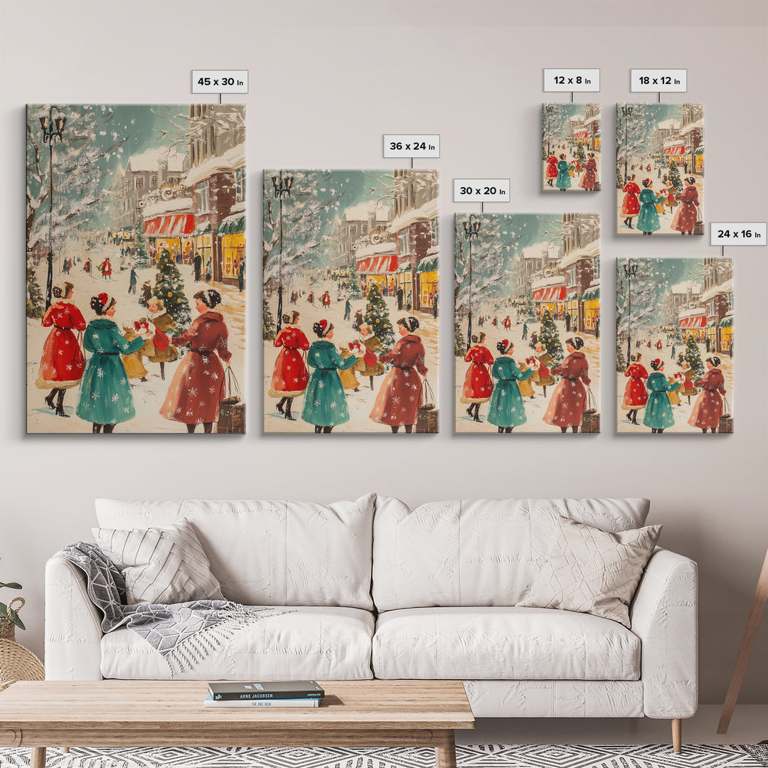 Winter Wall Art Christmas Canvas Print - 1950s Style Post Card Art - Christmas Decor - Christmas Shoppers In The Streets - Christmas Village Art