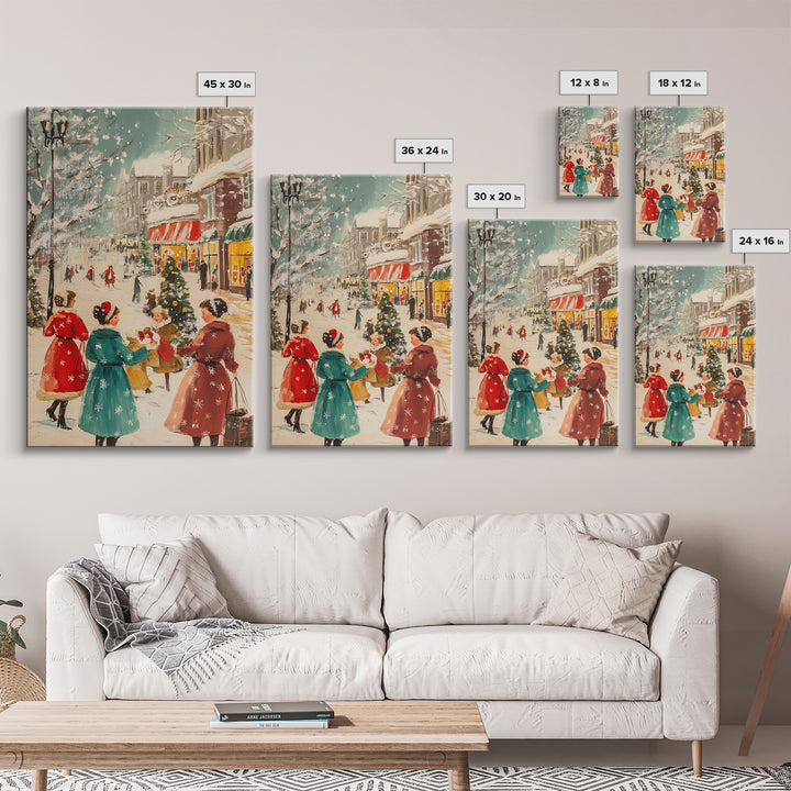 Winter Wall Art Christmas Canvas Print - 1950s Style Post Card Art - Christmas Decor - Christmas Shoppers In The Streets - Christmas Village Art