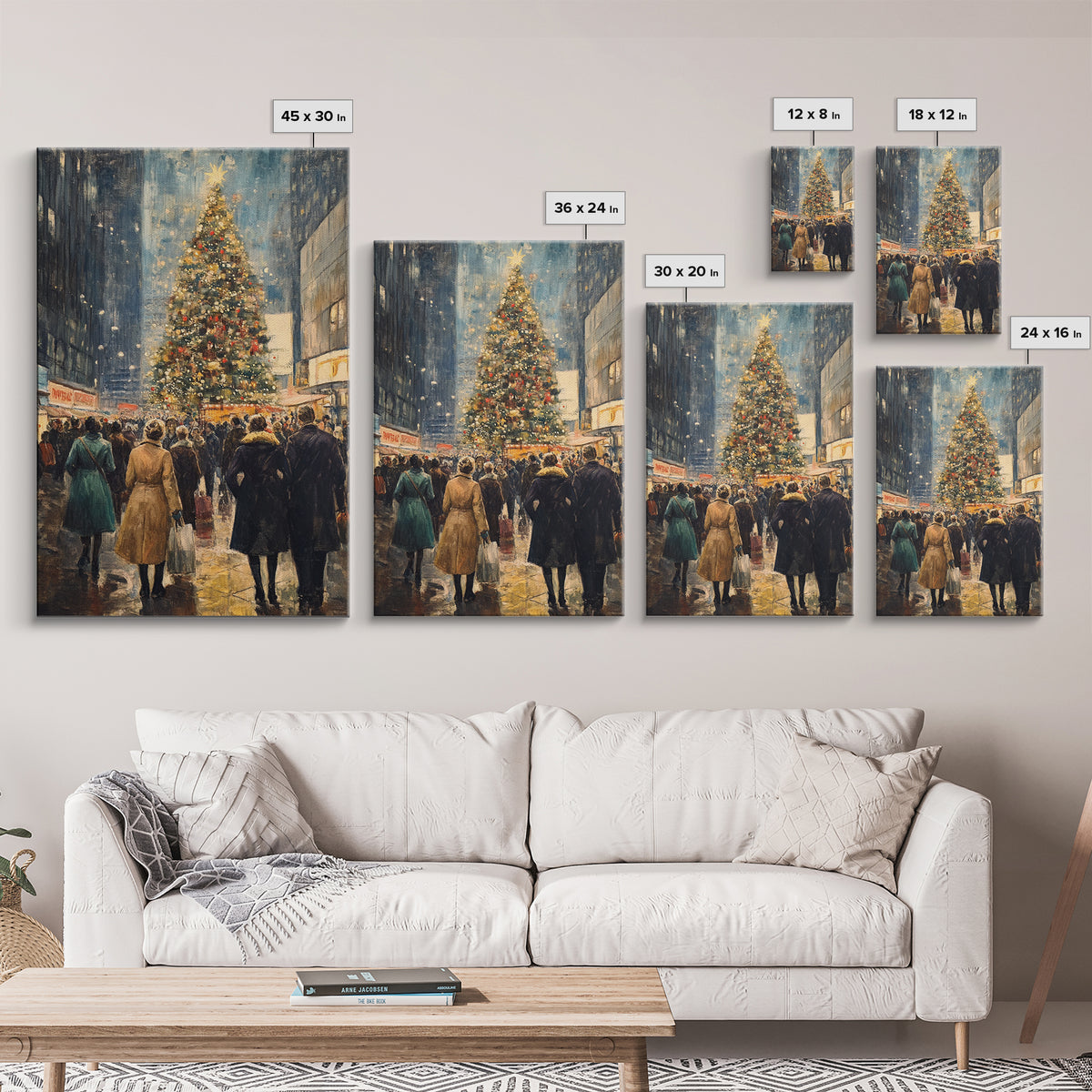 Christmas Village Wall Art Canvas print - Christmas Painting - Christmas Shopeprs in NYC in the 1950s - Christmas Decor - Winter Wall Art