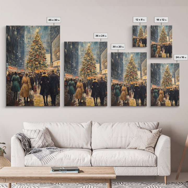 Christmas Village Wall Art Canvas print - Christmas Painting - Christmas Shopeprs in NYC in the 1950s - Christmas Decor - Winter Wall Art