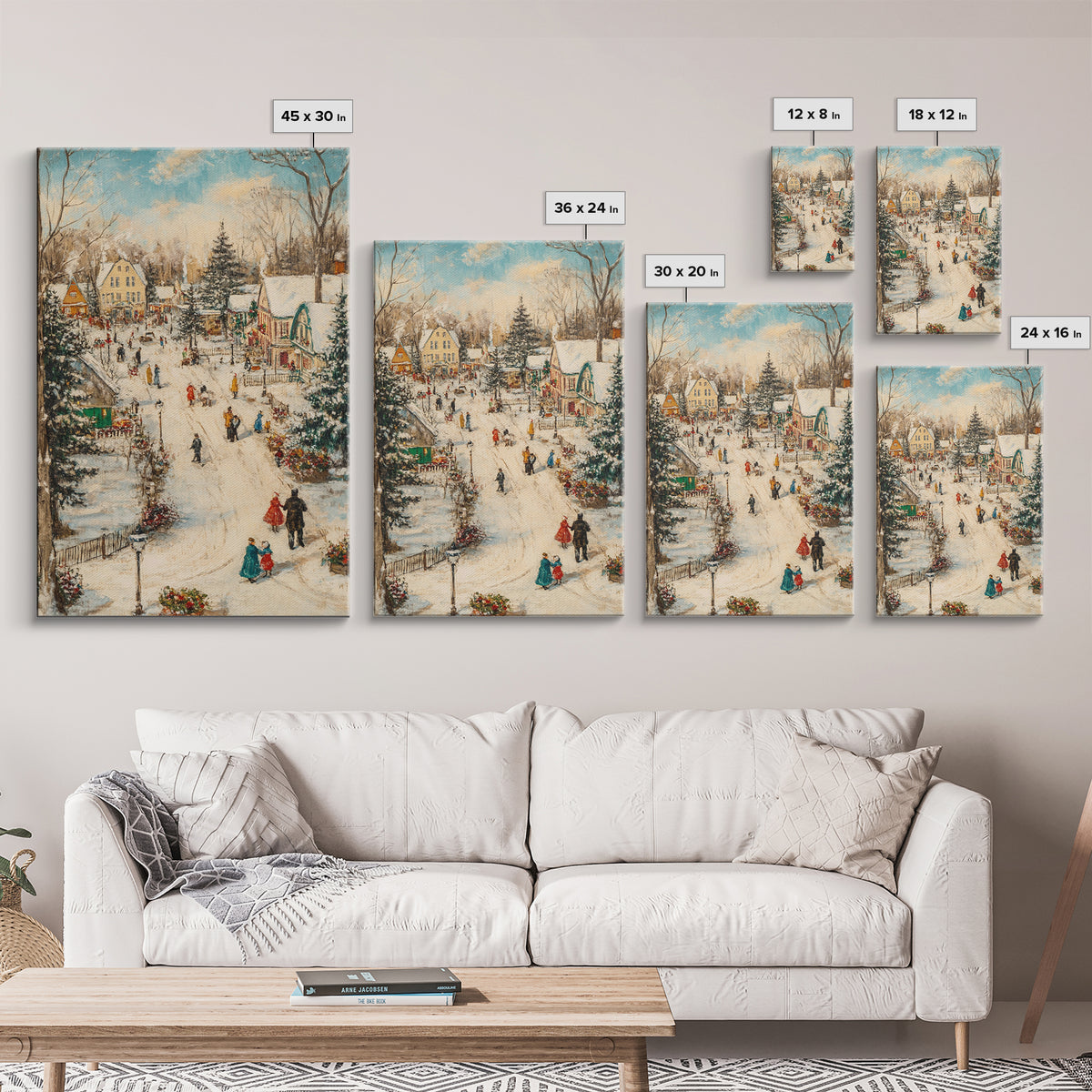 Christmas Village Mantle Painting, Christmas Mantle Wall Art, Framed Canvas Print, Retro Christmas, Vintage Christmas Painting Wall Art