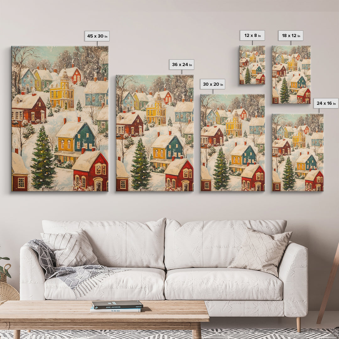 Retro Christmas Village Wall Art For Above Mantle, Framed Canvas Print, Christmas Home Decor, Christmas Wall Art, Christmas Postcard Art