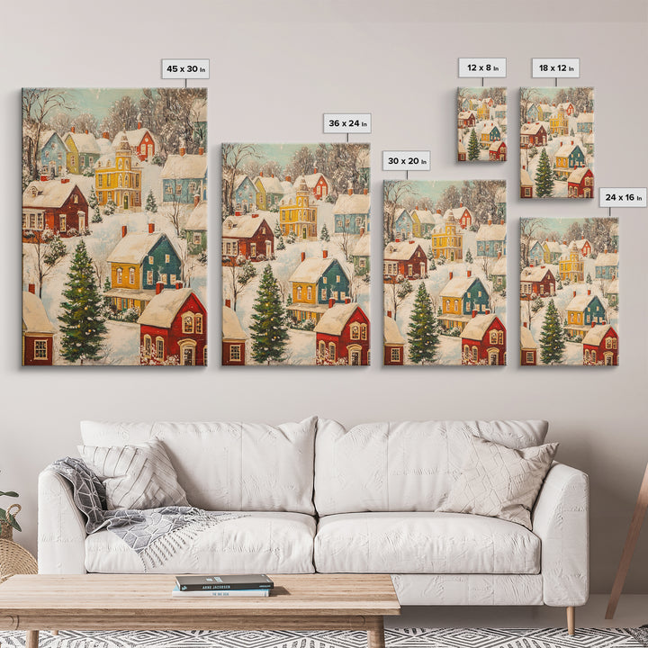 Retro Christmas Village Wall Art For Above Mantle, Framed Canvas Print, Christmas Home Decor, Christmas Wall Art, Christmas Postcard Art