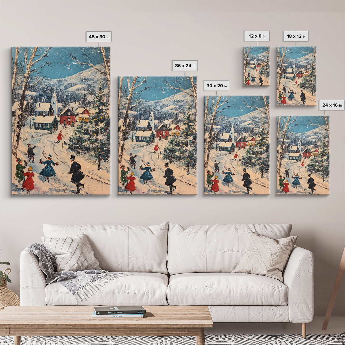 Ice Skating in The Streets on Christmas Morning Framed Canvas Print - Retro Christmas Village Wall Art - Christmas Above Mantle Centerpiece Art