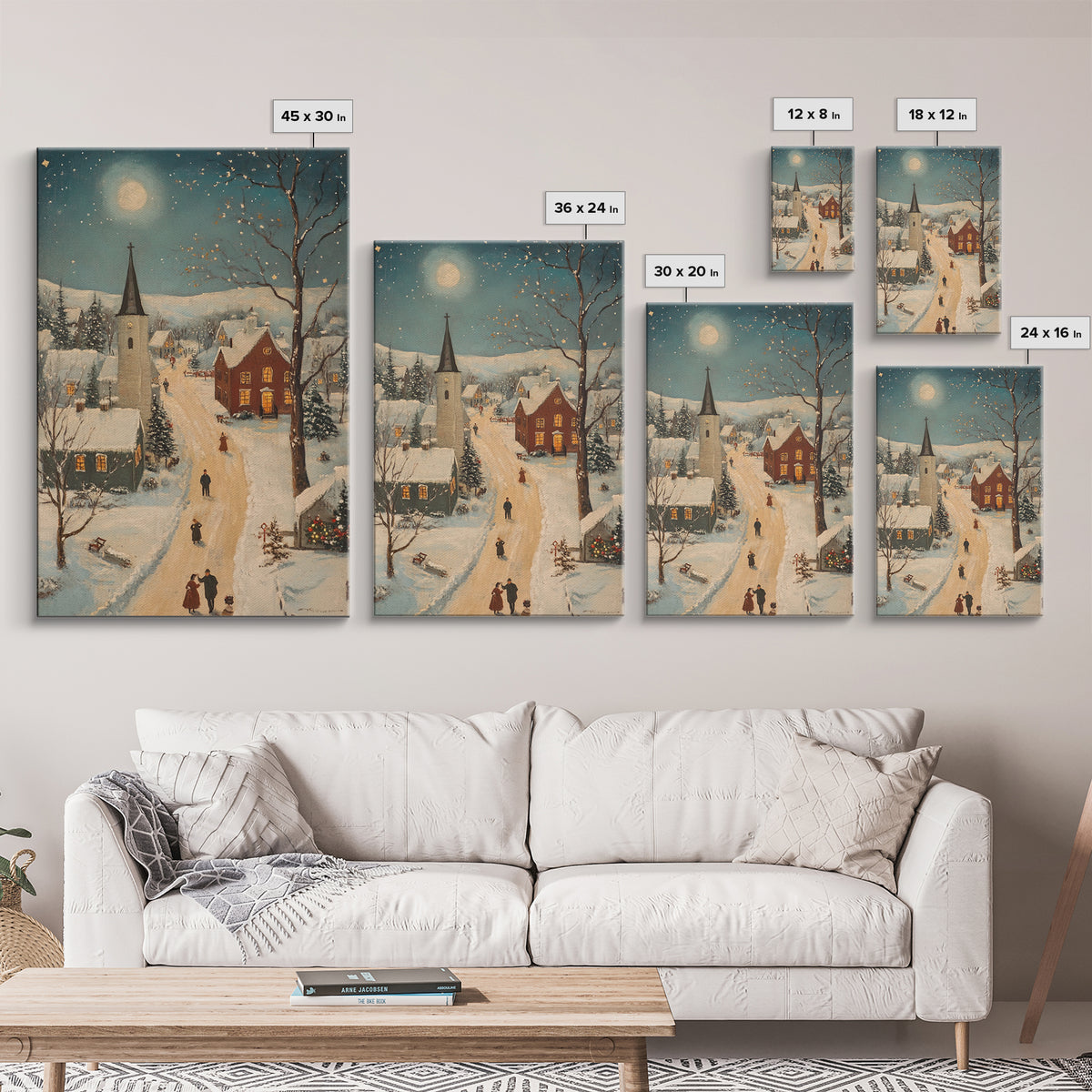 Full Moon on Christmas Even, Framed Canvas Print, Vintage Christmas Oil Painting Print, Christmas Village Wall Art, Christmas Sign, Christmas Art