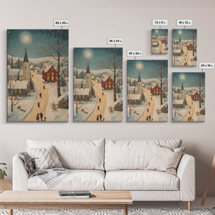 Full Moon on Christmas Even, Framed Canvas Print, Vintage Christmas Oil Painting Print, Christmas Village Wall Art, Christmas Sign, Christmas Art