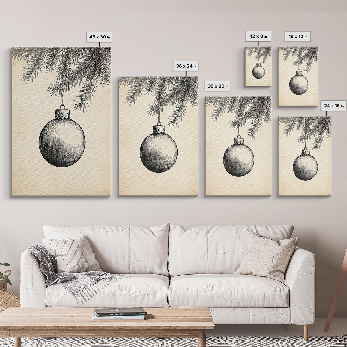 Boho Christmas Ornament Painting Print, Christmas Art, Black and White Art