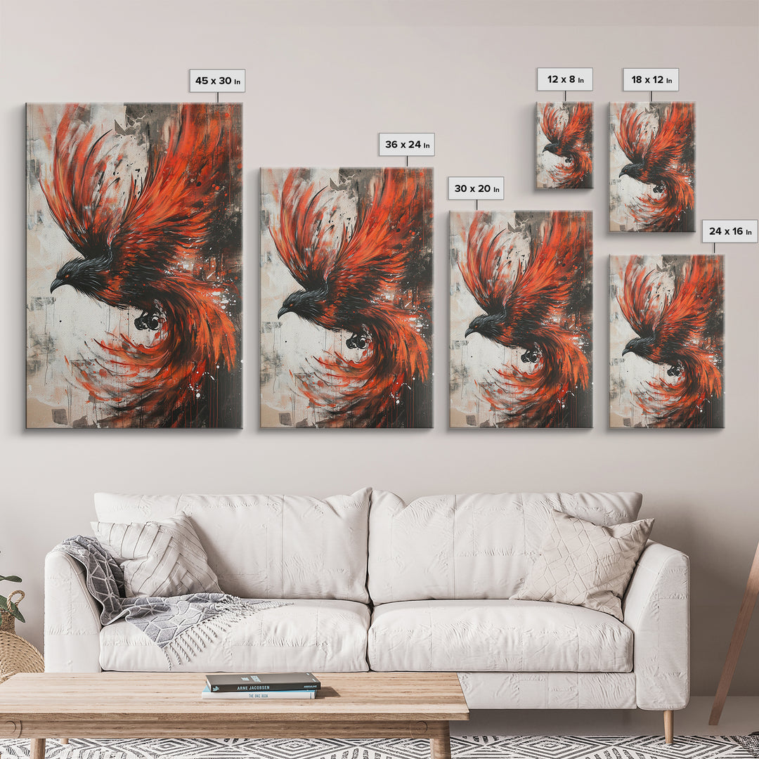 Canvas Print Of a Phoenix Painting, Wood Framed Art, Grunge Decor, Loft Art, Phoenix With Flaming Wings Wall Art