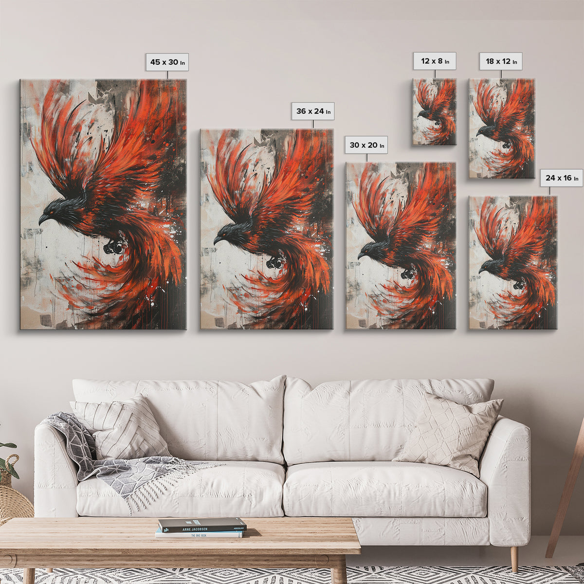 Canvas Print Of a Phoenix Painting, Wood Framed Art, Grunge Decor, Loft Art, Phoenix With Flaming Wings Wall Art