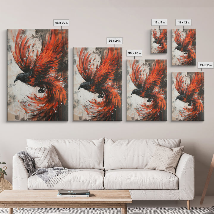 Canvas Print Of a Phoenix Painting, Wood Framed Art, Grunge Decor, Loft Art, Phoenix With Flaming Wings Wall Art