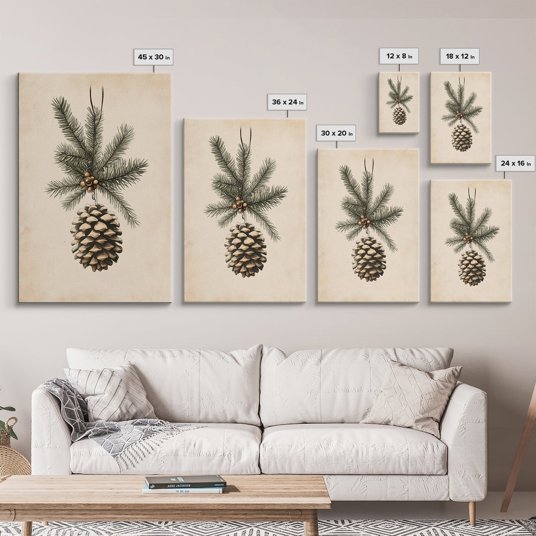 Boho Christmas Pinecone Canvas Print - Framed Canvas - Minimalist Christmas Art - Boho Christmas Art - Rustic Christmas Art