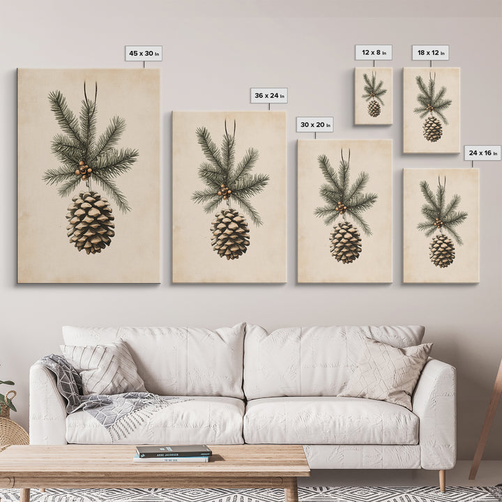 Boho Christmas Pinecone Canvas Print - Framed Canvas - Minimalist Christmas Art - Boho Christmas Art - Rustic Christmas Art