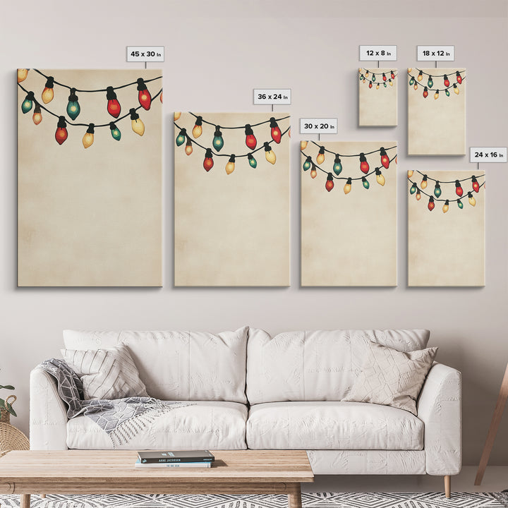 Drawing of Retro Christmas Lights Canvas Print - Framed Canvas - Minimalist Christmas Art - Boho Christmas Art - Rustic Christmas Art