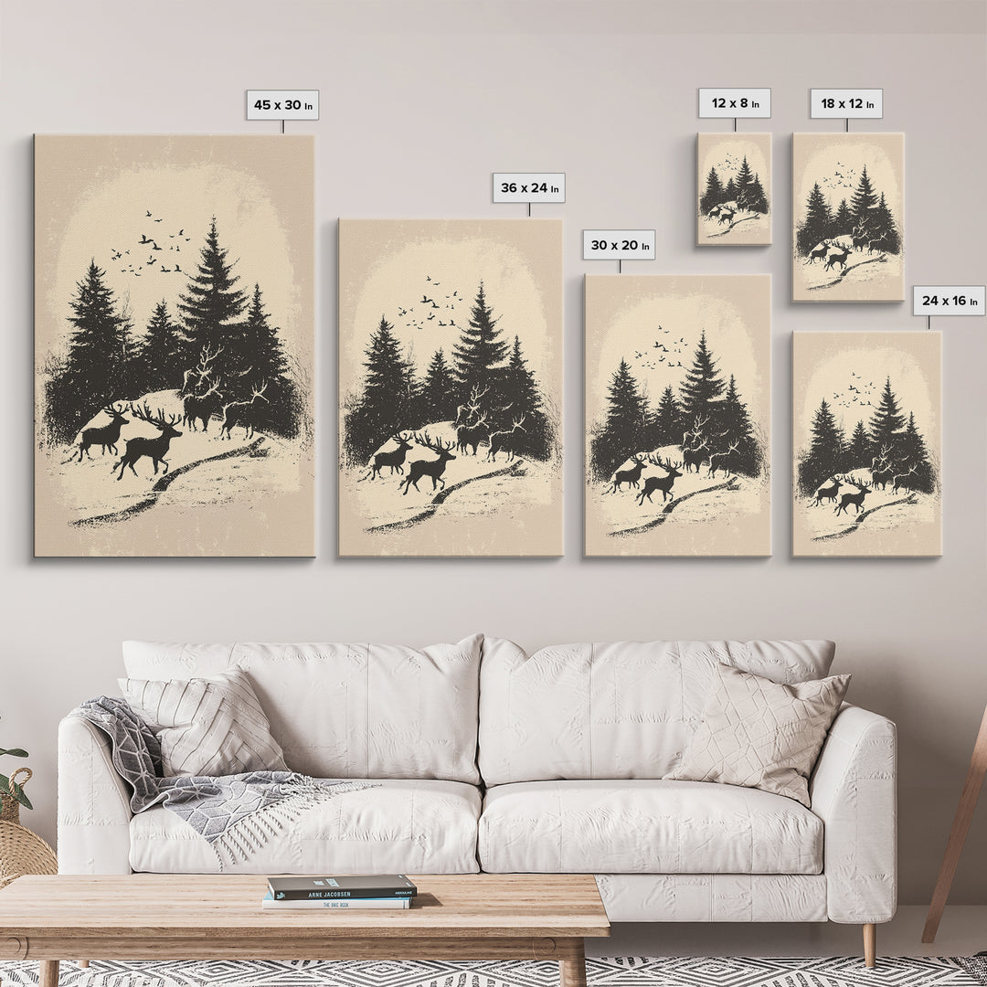 Sketch of Reindeer In The Snow Canvas Print - Framed Canvas - Minimalist Christmas Art - Boho Christmas Art - Rustic Christmas Art