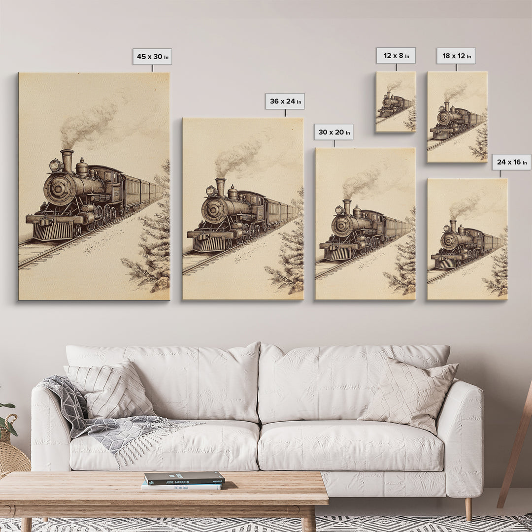 Boho Christmas Train Canvas Print - Framed Canvas - Minimalist Christmas Art - Boho Christmas Art - Rustic Christmas Art