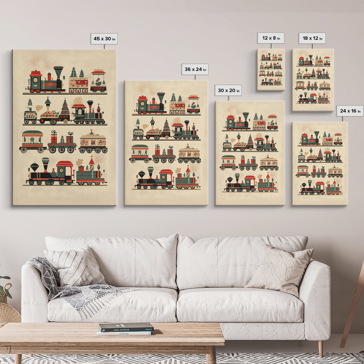 Cute Christmas Trains Canvas Print - Framed Canvas - Minimalist Christmas Art - Boho Christmas Art - Rustic Christmas Art