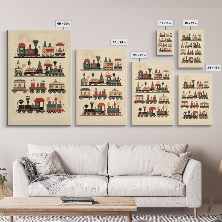 Cute Christmas Trains Canvas Print - Framed Canvas - Minimalist Christmas Art - Boho Christmas Art - Rustic Christmas Art