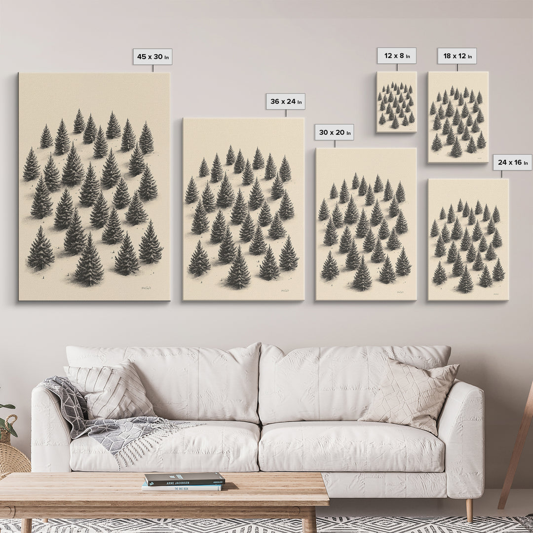 Sketch of a Christmas Tree Farm Canvas Print - Framed Canvas - Minimalist Christmas Art - Boho Christmas Art - Rustic Christmas Art