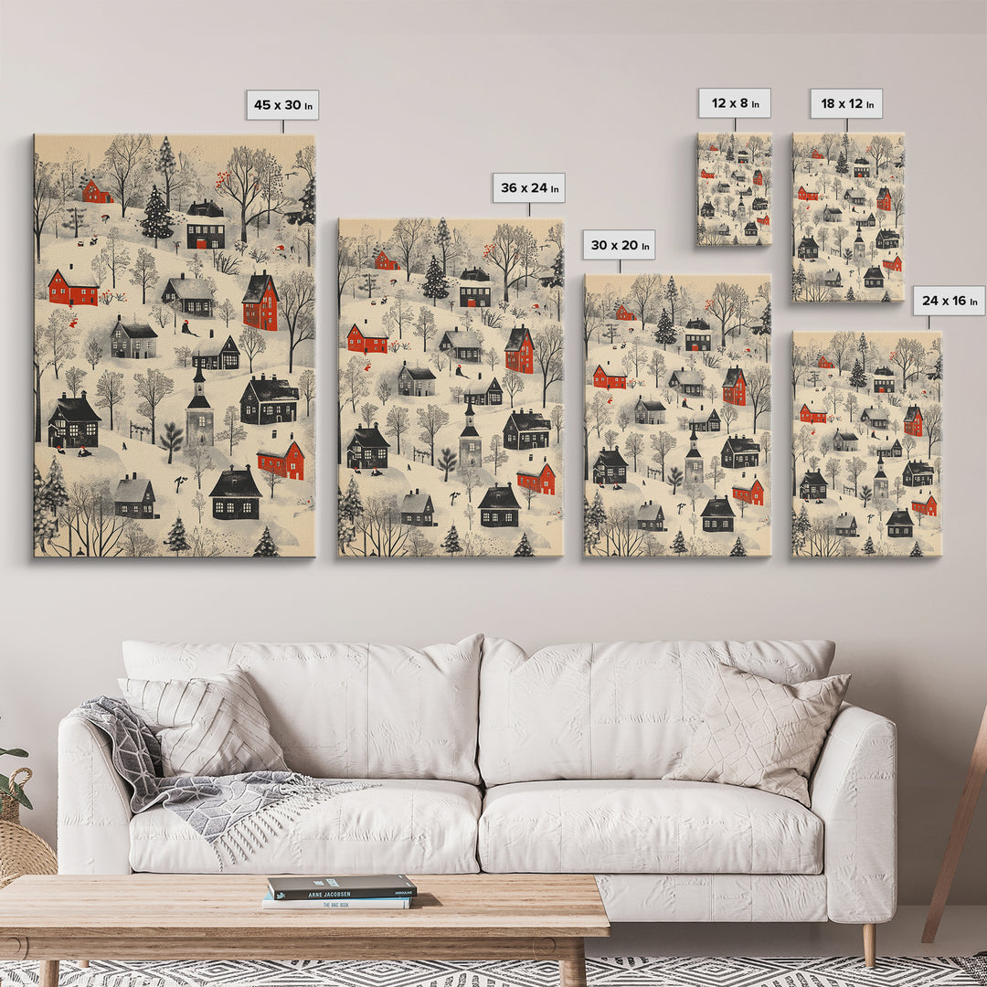 Sketch of a Christmas Village Canvas Print - Framed Canvas - Minimalist Christmas Art - Boho Christmas Art - Rustic Christmas Art