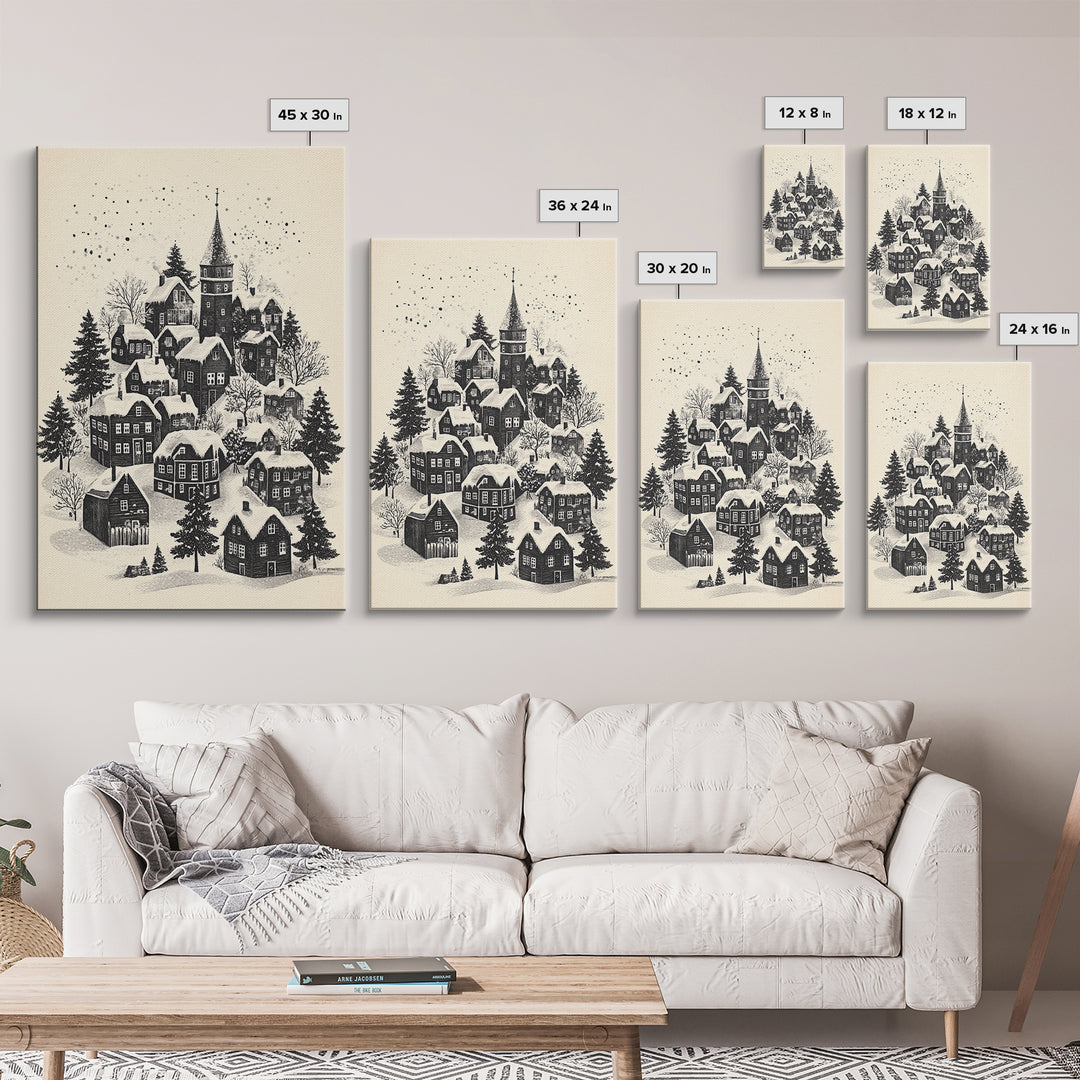 Black and White Sketch of A Christmas Village Canvas Print - Framed Canvas - Minimalist Christmas Art - Boho Christmas Art - Rustic Christmas Art
