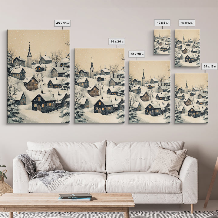 Christmas Village Canvas Print - Framed Canvas - Minimalist Christmas Art - Boho Christmas Art - Rustic Christmas Art