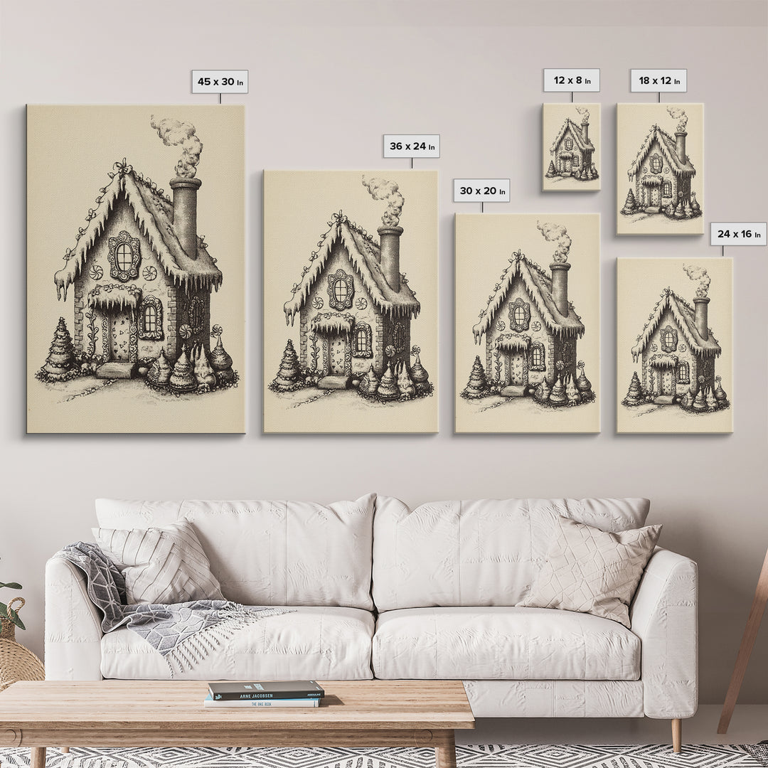 Vintage Gingerbread House Canvas Print - Framed Canvas - Minimalist Christmas Art - Boho Christmas Art - Rustic Christmas Art