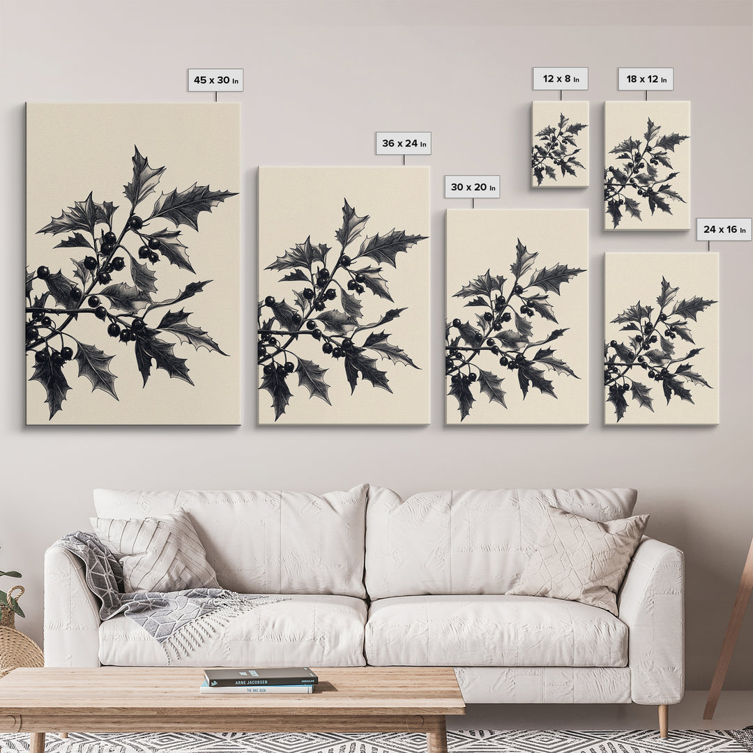 Vintage Holly Branch Canvas Print - Framed Canvas - Minimalist Christmas Art - Boho Christmas Art - Rustic Christmas Art