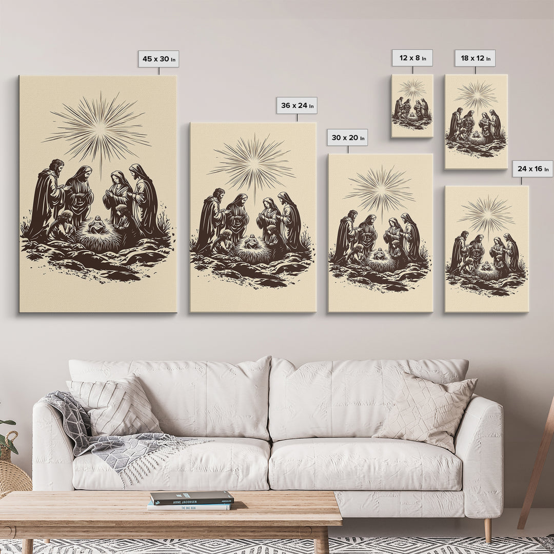 Nativity Scene Canvas Print - Framed Canvas - Minimalist Christmas Art - Boho Christmas Art - Rustic Christmas Art - Nativity Painting