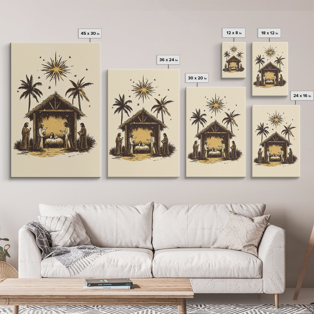 Vintage Nativity Scene Canvas Print - Framed Canvas - Minimalist Christmas Art - Boho Christmas Art - Rustic Christmas Art