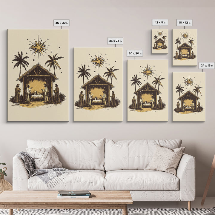 Vintage Nativity Scene Canvas Print - Framed Canvas - Minimalist Christmas Art - Boho Christmas Art - Rustic Christmas Art