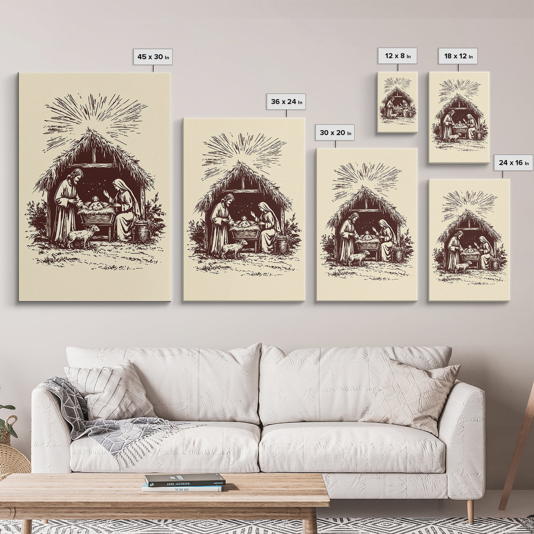 Retro Nativity Scene Canvas Print - Framed Canvas - Minimalist Christmas Art - Boho Christmas Art - Rustic Christmas Art