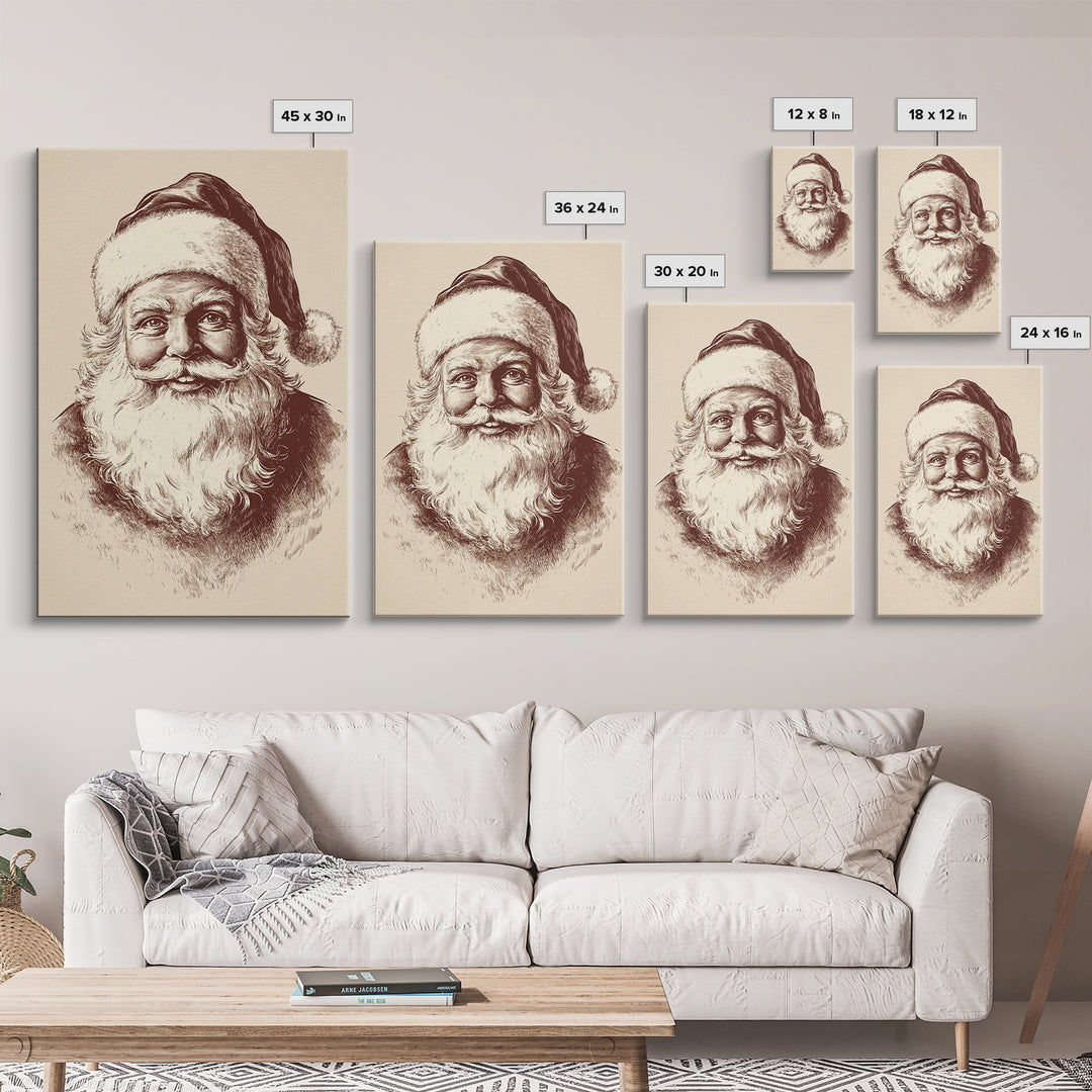 Vintage Santa Painting Canvas Print - Framed Canvas - Minimalist Christmas Art - Boho Christmas Art - Rustic Christmas Art