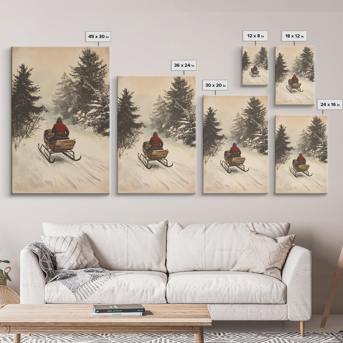 Christmas Sleigh Ride Canvas Print - Framed Canvas - Minimalist Christmas Art - Boho Christmas Art - Rustic Christmas Art