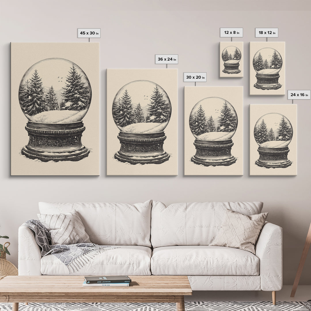 Sketch of a Christmas Snow Globe Canvas Print - Framed Canvas - Minimalist Christmas Art - Boho Christmas Art - Rustic Christmas Art