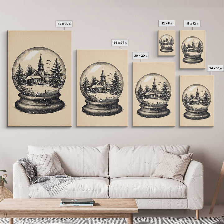 Retro Christmas Snowglobe Canvas Print - Framed Canvas - Minimalist Christmas Art - Boho Christmas Art - Rustic Christmas Art