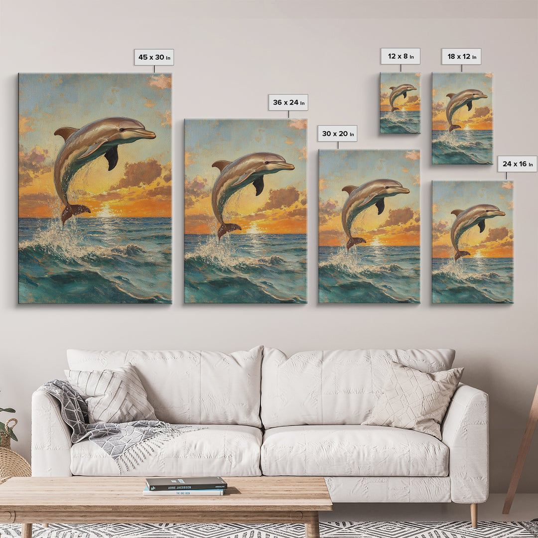Dolphin Jumping At Sunset, Framed Canvas Print, Dolphin Painting, Dolphin Decor, Dolphin Wall Art