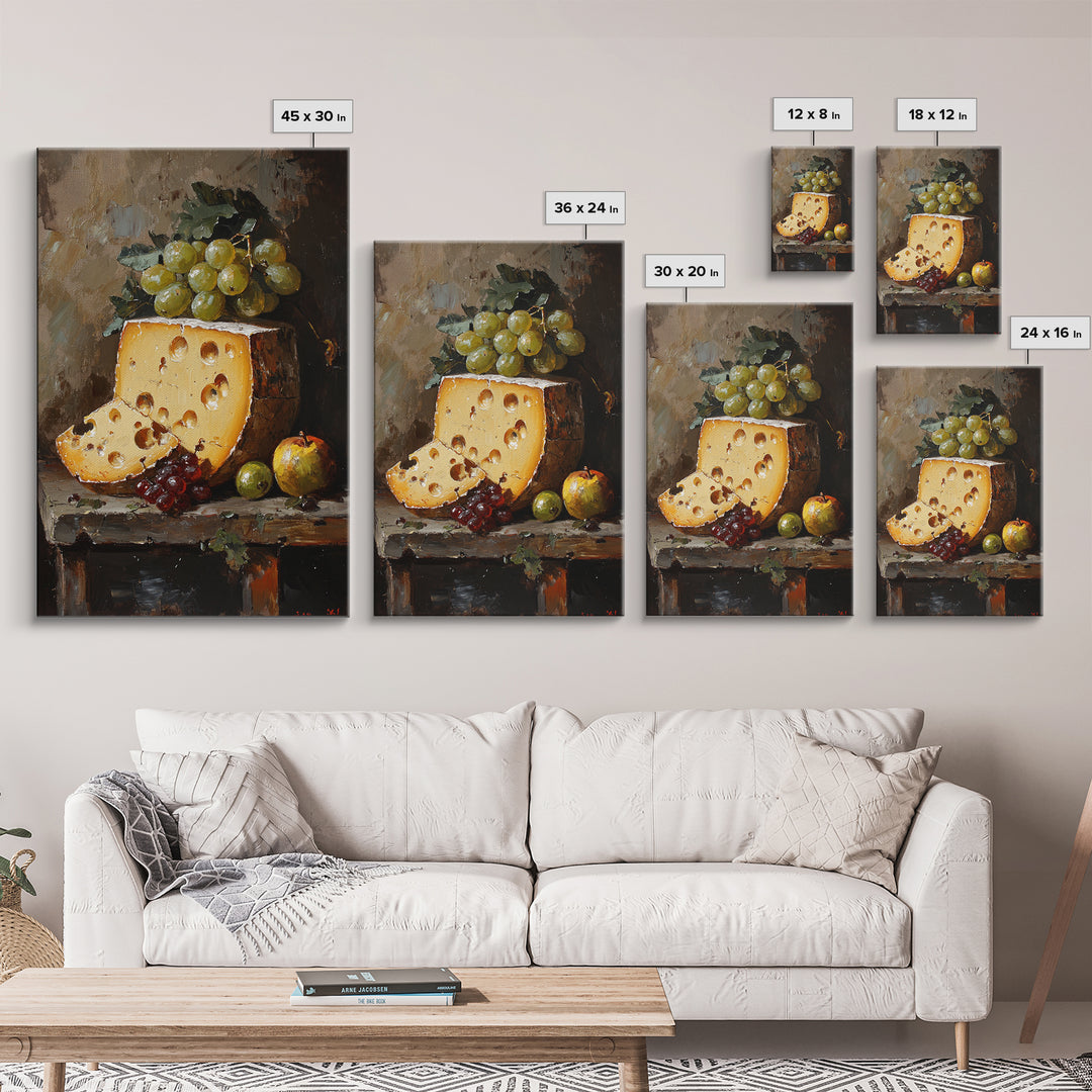 Vintage Still Life of Cheese Canvas Print, Retro Kitchen Wall Art, Cheese Painting, Dining Room Wall Art