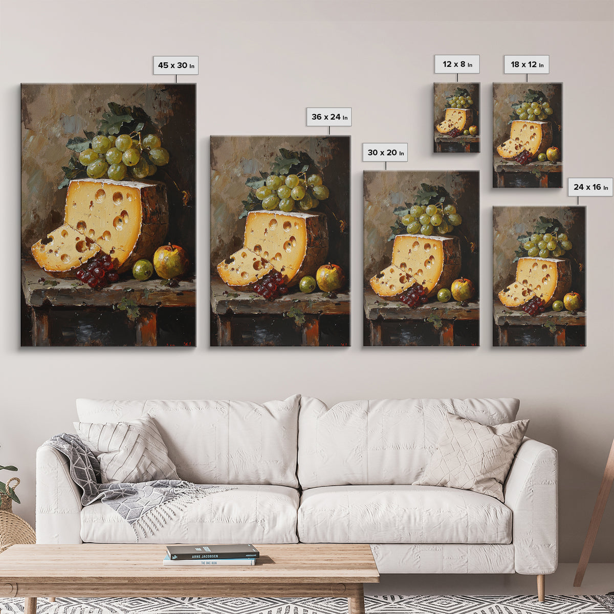 Vintage Still Life of Cheese Canvas Print, Retro Kitchen Wall Art, Cheese Painting, Dining Room Wall Art