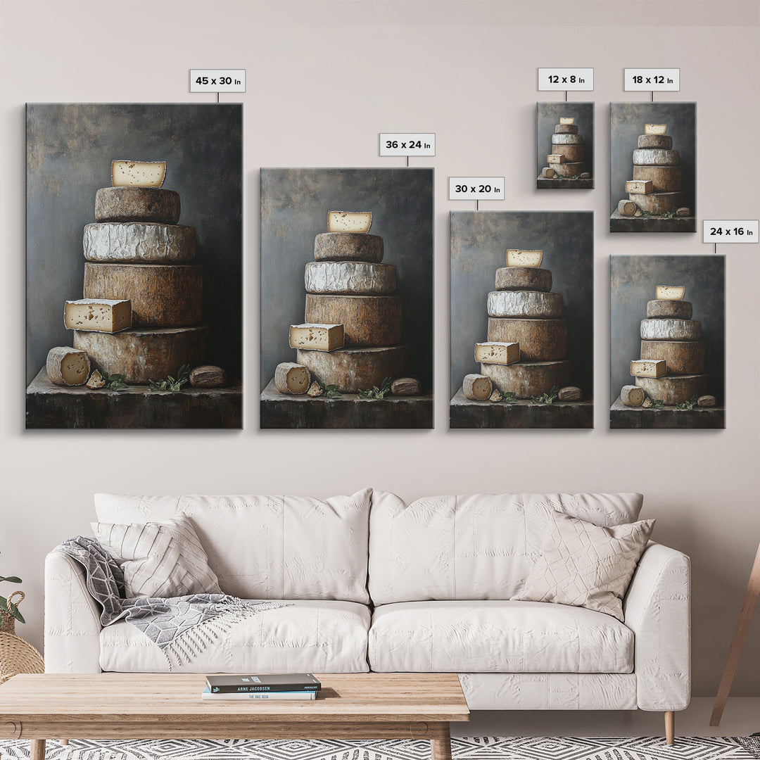 Cheese Wall Art Framed Canvas Print, Cheese Still Life, Cheese Painting, Kitchen Decor, Dining Room Wall Art, Rustic Farmhouse Kitchen Art