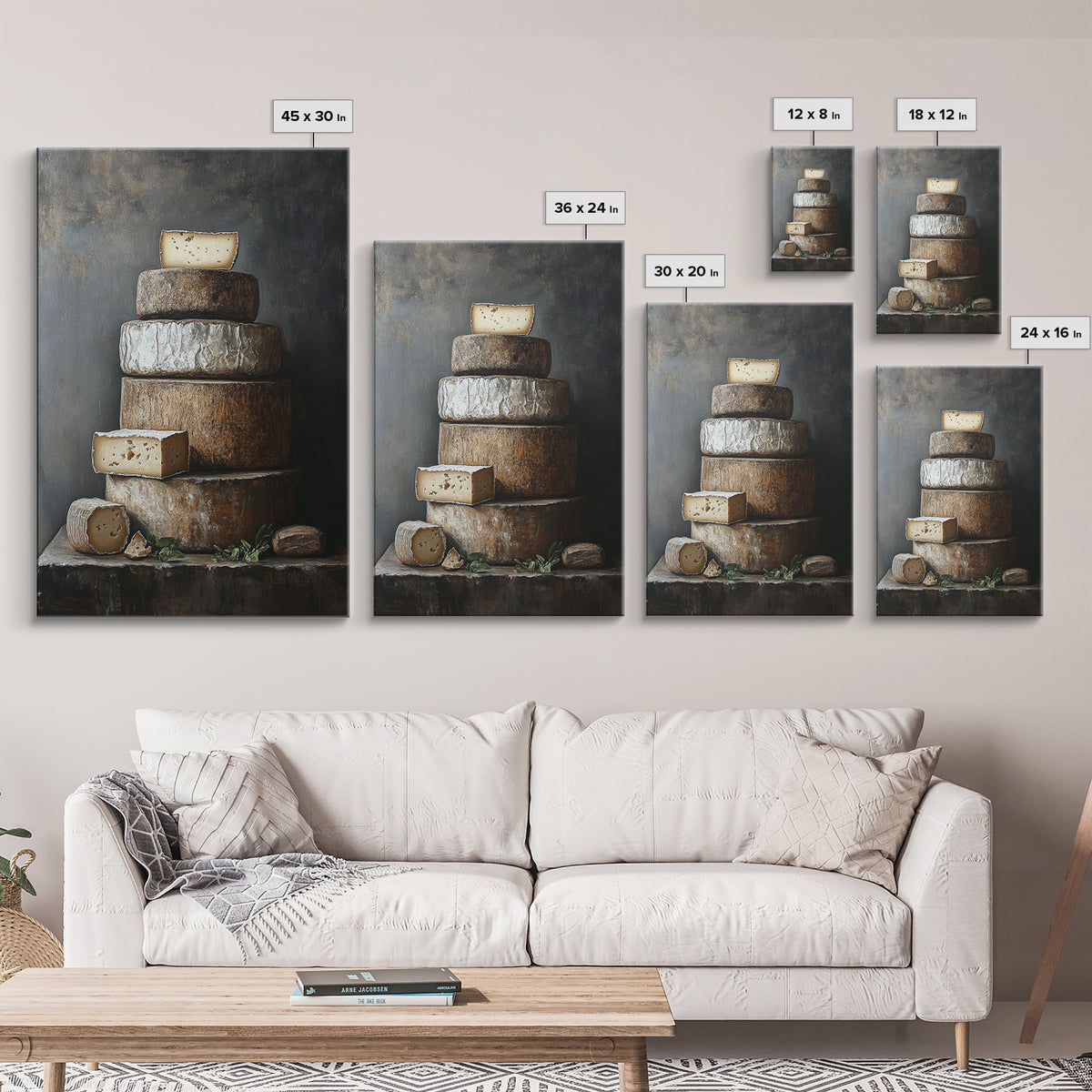 Cheese Wall Art Framed Canvas Print, Cheese Still Life, Cheese Painting, Kitchen Decor, Dining Room Wall Art, Rustic Farmhouse Kitchen Art