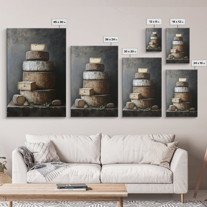 Cheese Wall Art Framed Canvas Print, Cheese Still Life, Cheese Painting, Kitchen Decor, Dining Room Wall Art, Rustic Farmhouse Kitchen Art
