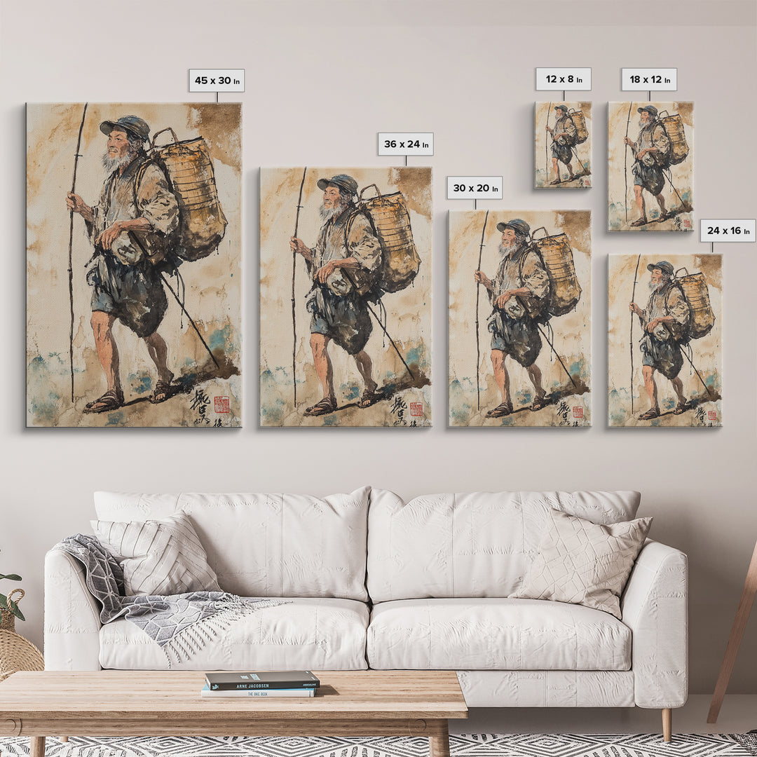 Japanese Fisherman Painting Print, Wabi Sabi Wall Art, Japanese Style Home Decor, Japanese Wood Block Print Style Art