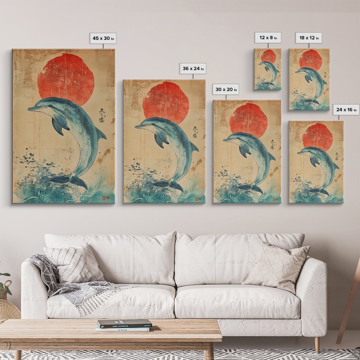 Dolphin Jumping Under A Sunset Over the Ocean Framed Canvas Print, Wabi Sabi Nautical Home Decor, Minimalist Wall Art, Office Decor