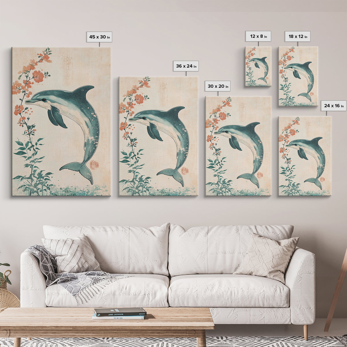 Cherry Blossoms and Dolphins, Framed Canvas Print, Home Decor, Wabi Sabi Dolphin Painting, Minimalist Decor, Living Room Art, Bedroom Art