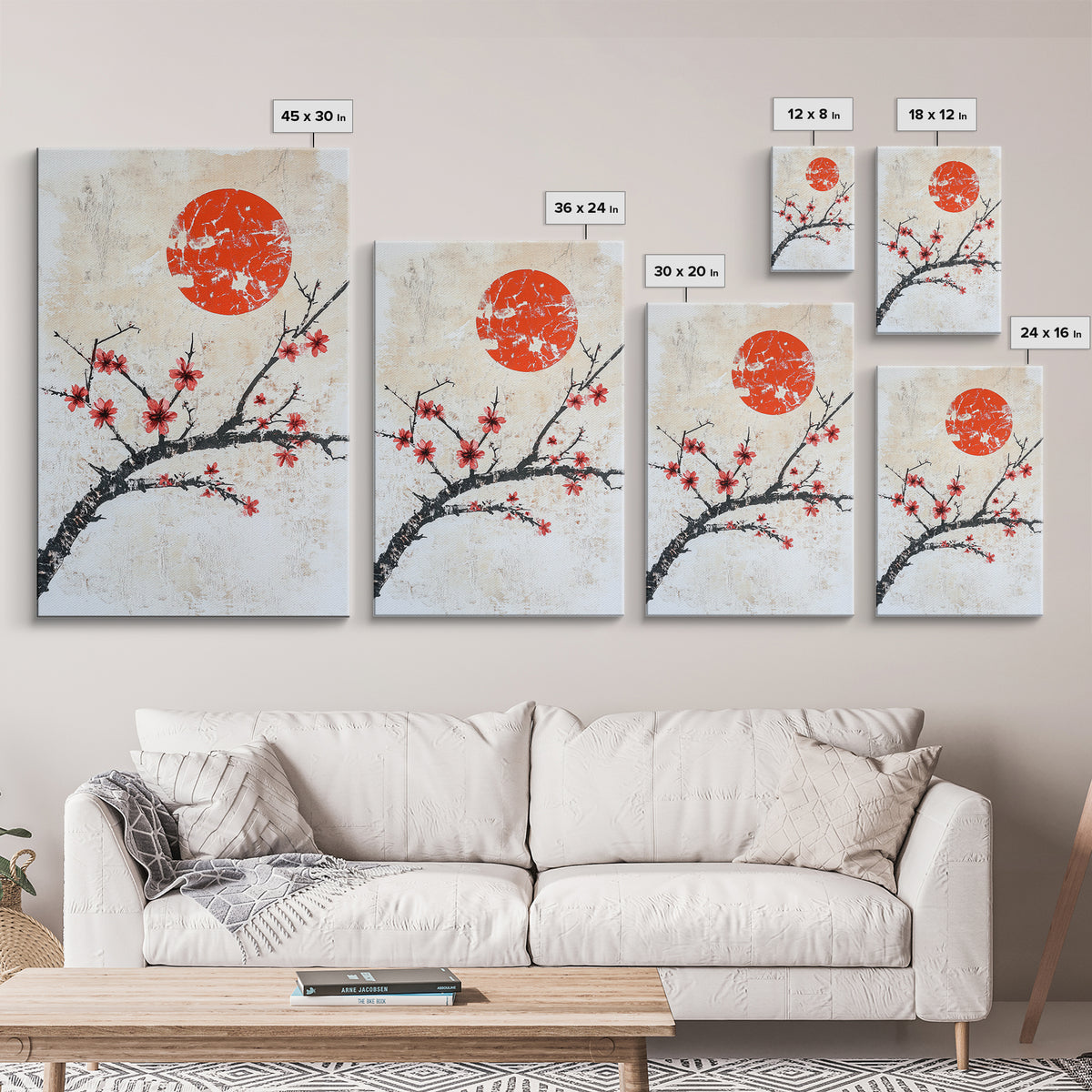Cherry Blossoms and Sunset Framed Canvas Print - Minimalist Wabi Sabi Wall Art - Cherry Blossoms Painting - Home Decor - Japanese Style Art