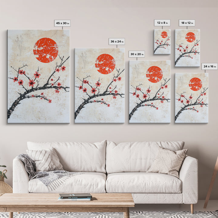 Cherry Blossoms and Sunset Framed Canvas Print - Minimalist Wabi Sabi Wall Art - Cherry Blossoms Painting - Home Decor - Japanese Style Art