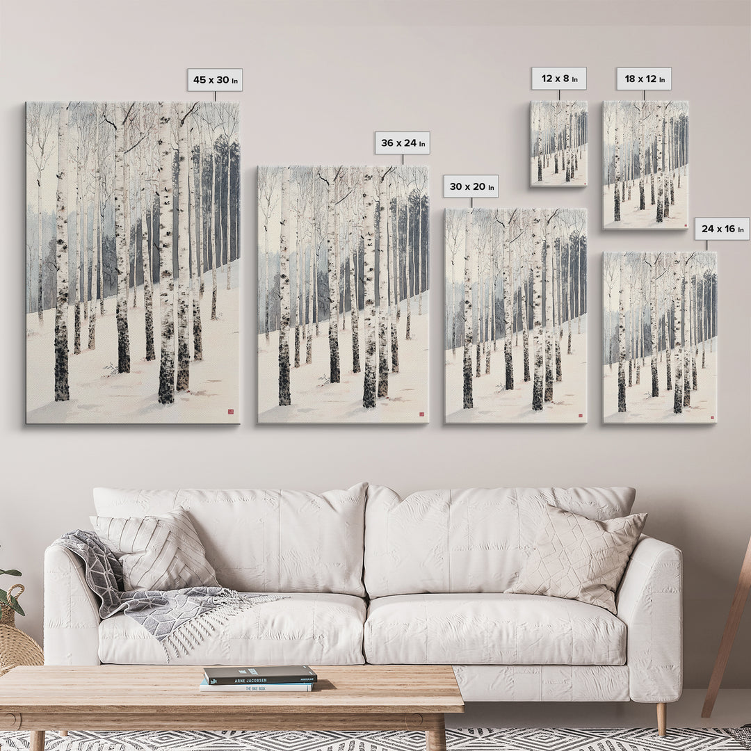 Winter Birch Tree Forest Framed Canvas Print, White Birch Trees In Winter Forest Landscape Art Print Minimalist Living Room Nature Wall Art